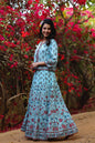 Women's Blue Cambric Floral Print Top Skirt Set With Rubber-Band