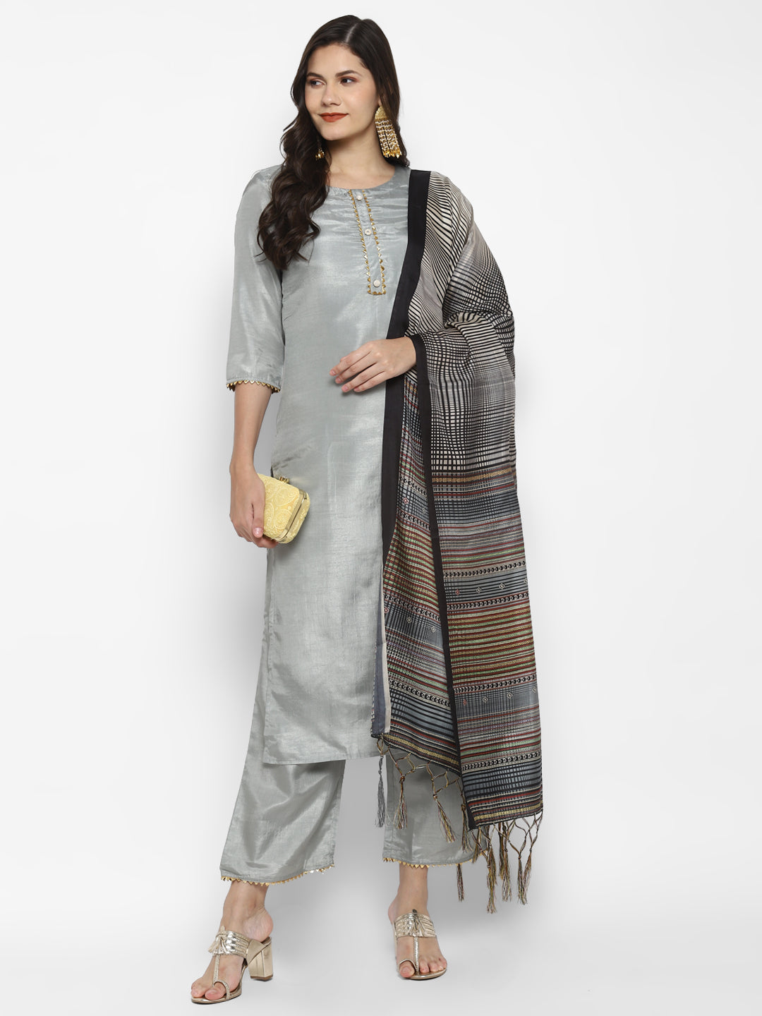 Women's Grey Color Silk Blend Straight Kurta Palazzo With Dupatta